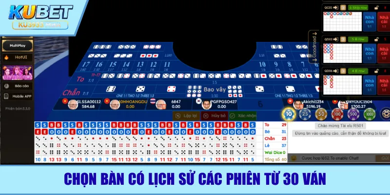 Chọn bàn có lịch sử các phiên từ 30 ván